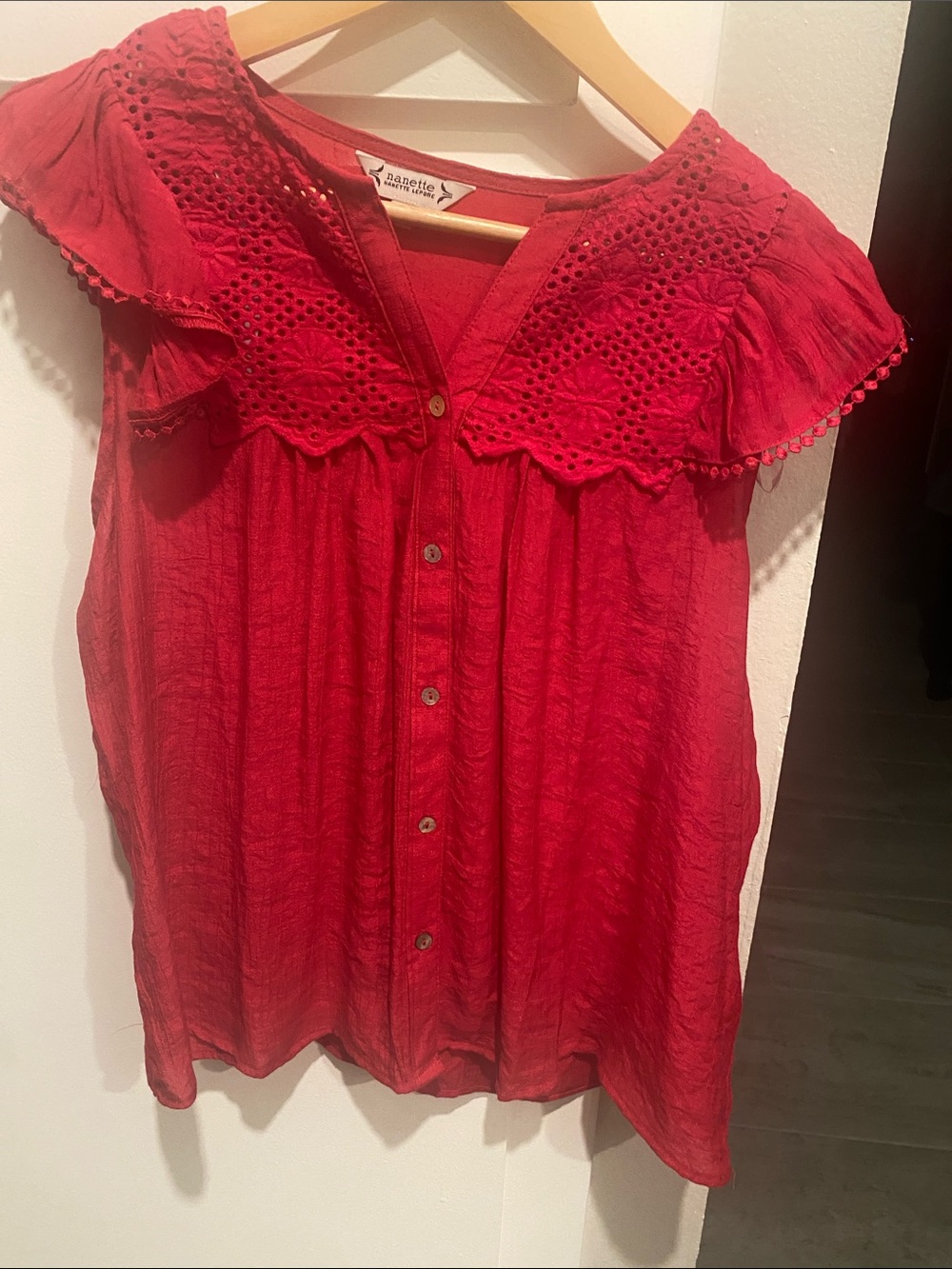 Nannette Crimson Eyelet Ruffle Button-Front Blouse